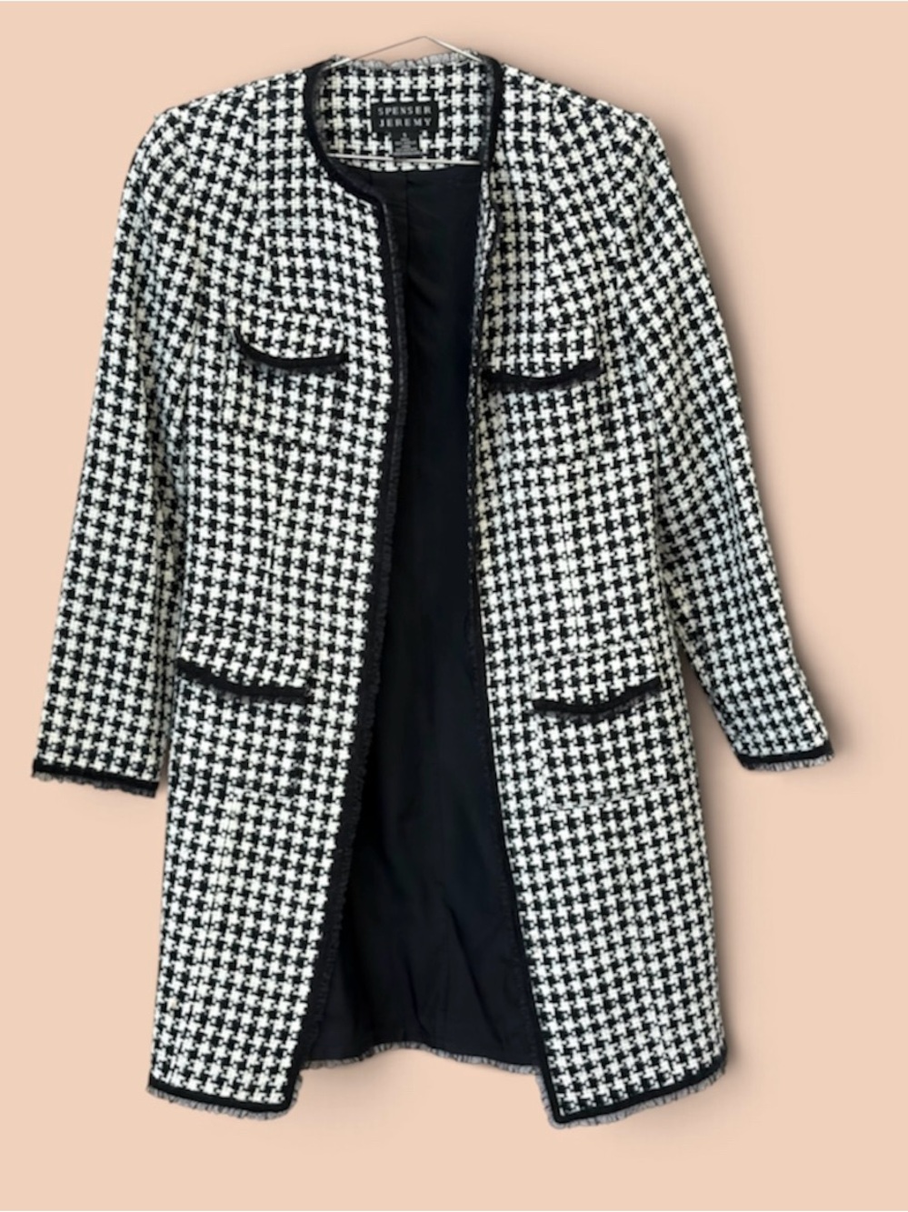 Spenser Jeremy Black & White Houndstooth Long Open-Front Coat w/tulle detail
